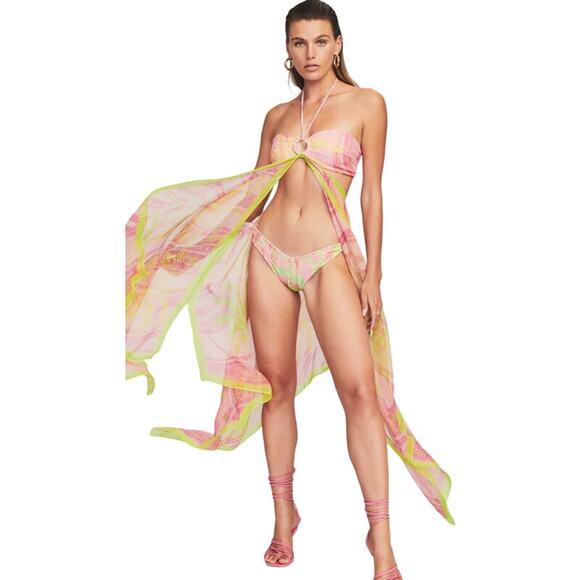 RETROFETE Kailey Bikini Bottom Tropical Palm Ring Loop Stretch Green Pink XL NEW - Picture 3 of 6